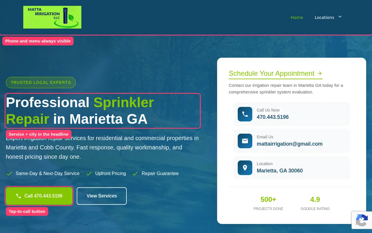 Home service website example with service and city headline and call button highlighted