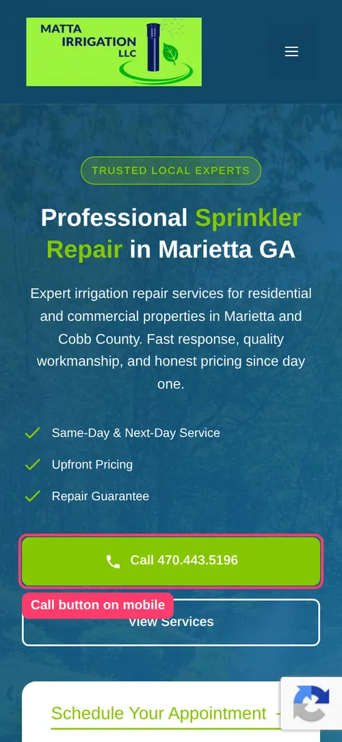 Mobile plumber website with a large tap-to-call button at the top of the screen