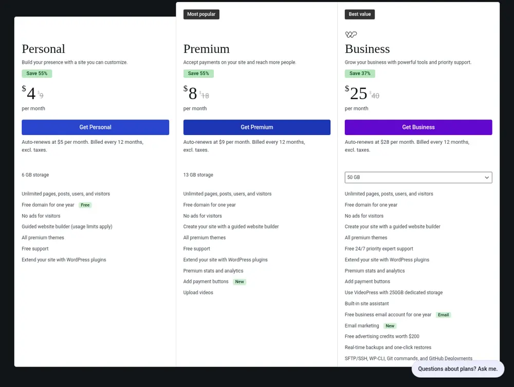 WordPress.com pricing page with Personal, Premium and Business plans billed yearly