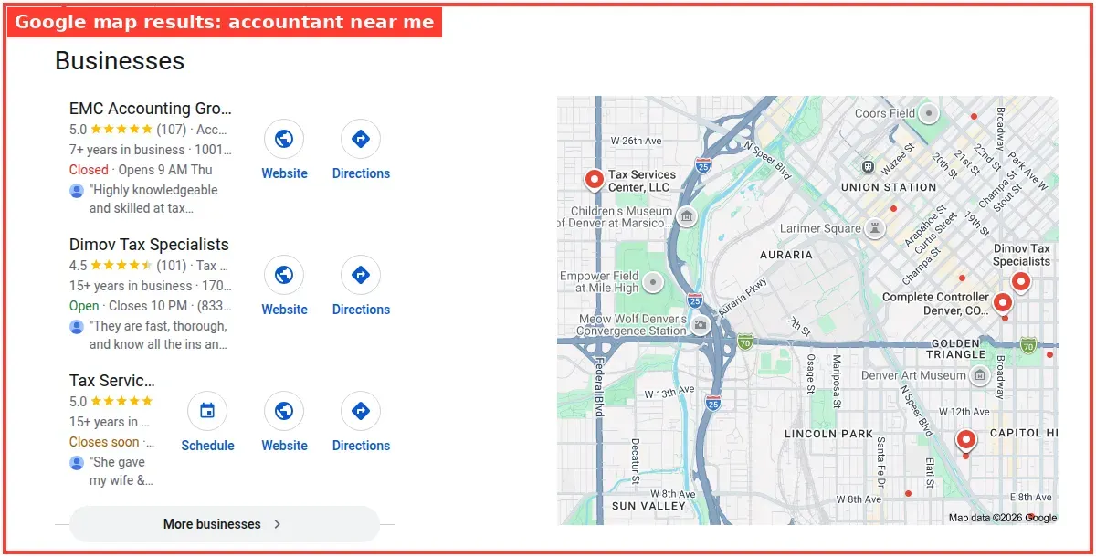 Google map results for accountant near me searched from Denver, Colorado