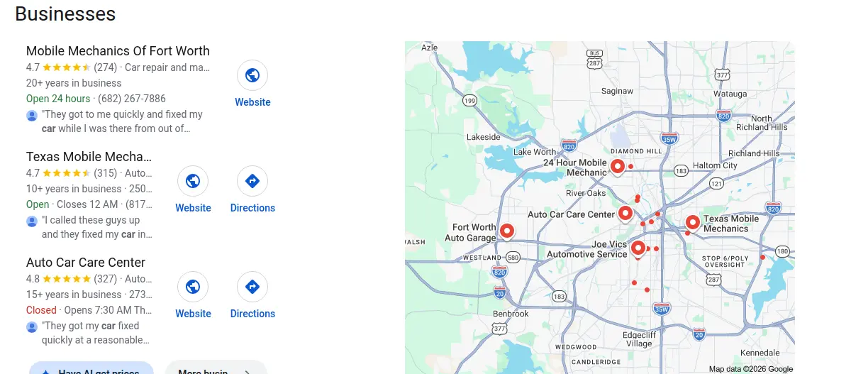 Google map results for auto repair fort worth searched from Fort Worth, Texas