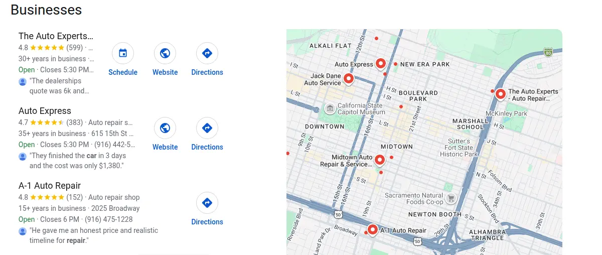 Google map results for auto repair sacramento searched from Sacramento, California
