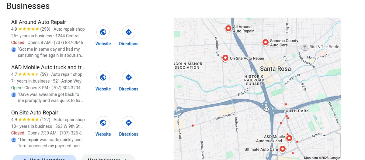 Google map results for auto repair santa rosa searched from Santa Rosa, California