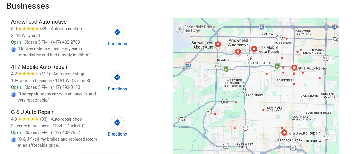 Google map results for auto repair springfield mo searched from Springfield, Missouri