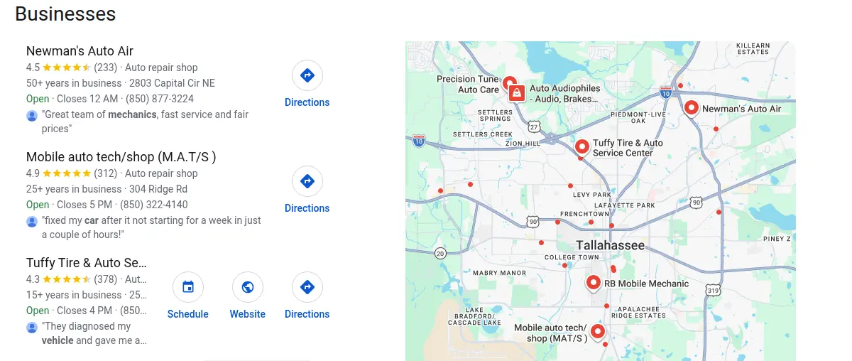 Google map results for auto repair tallahassee fl searched from Tallahassee, Florida