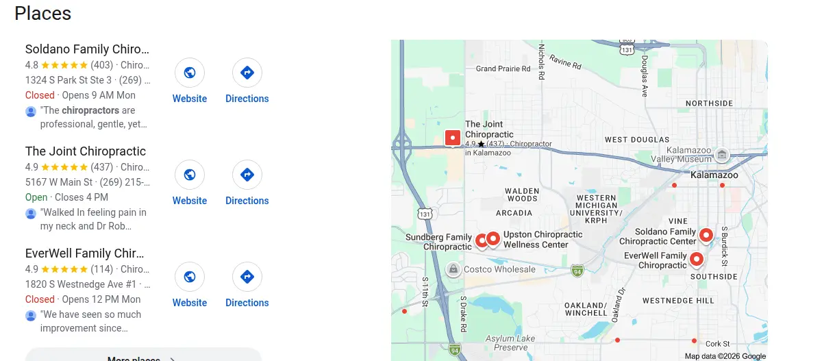 Google map results for chiropractor kalamazoo mi searched from Kalamazoo, Michigan