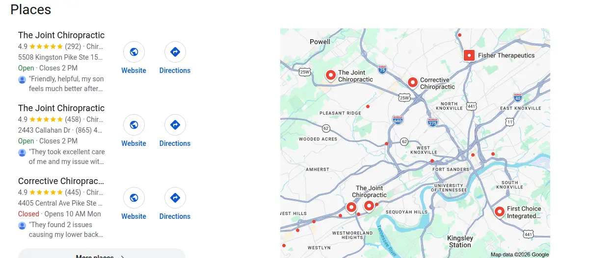 Google map results for chiropractor knoxville tn searched from Knoxville, Tennessee