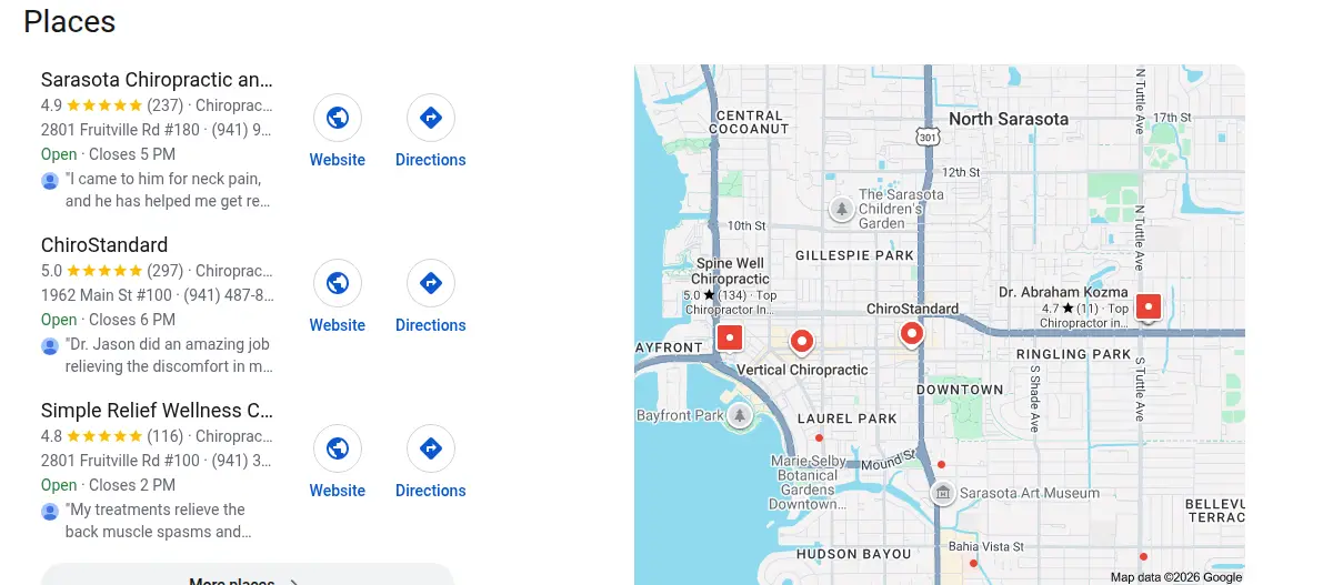 Google map results for chiropractor sarasota searched from Sarasota, Florida