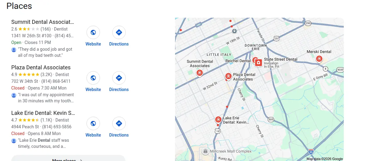 Google map results for dentist erie pa searched from Erie, Pennsylvania