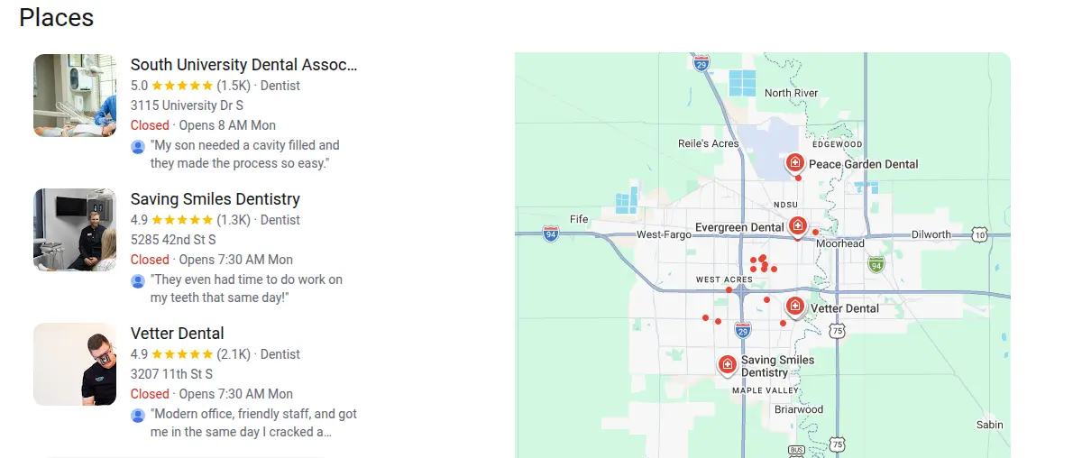 Google map results for dentist fargo nd searched from Fargo, North Dakota