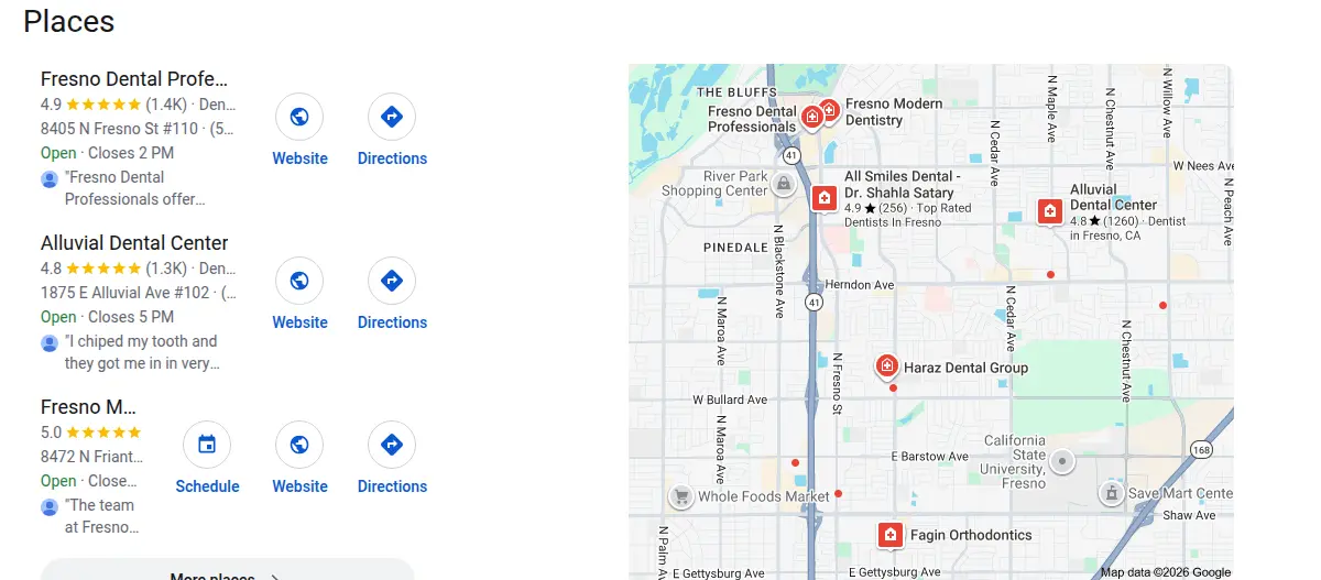 Google map results for dentist fresno ca searched from Fresno, California