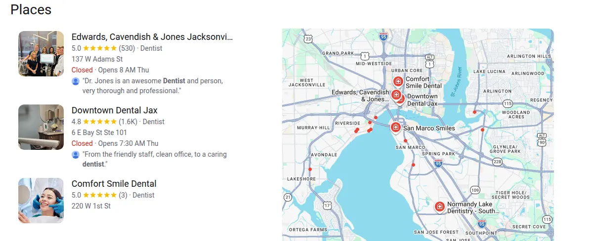 Google map results for dentist jacksonville searched from Jacksonville, Florida