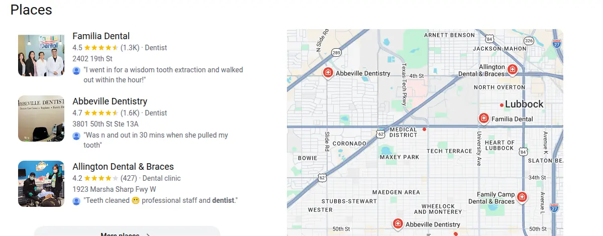 Google map results for dentist lubbock tx searched from Lubbock, Texas