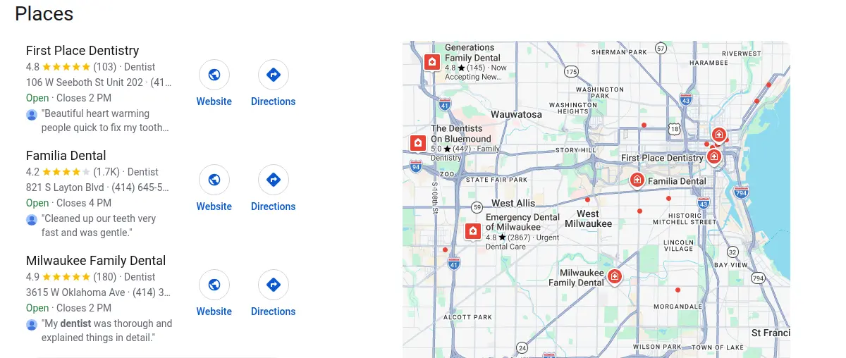 Google map results for dentist milwaukee wi searched from Milwaukee, Wisconsin