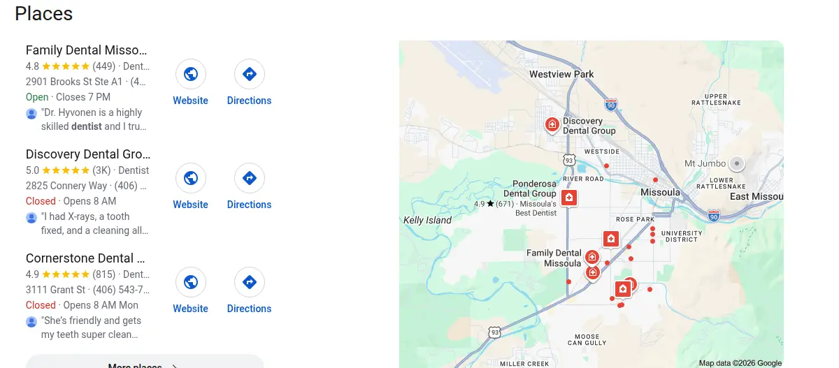 Google map results for dentist missoula searched from Missoula, Montana