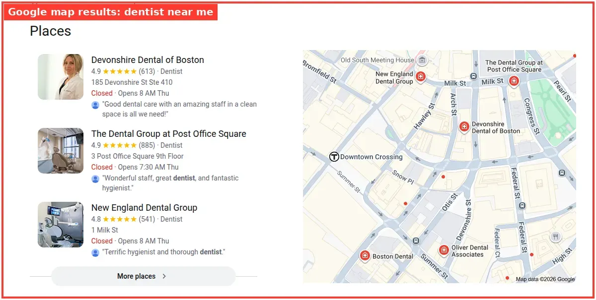 Google map results for dentist near me searched from Boston, Massachusetts