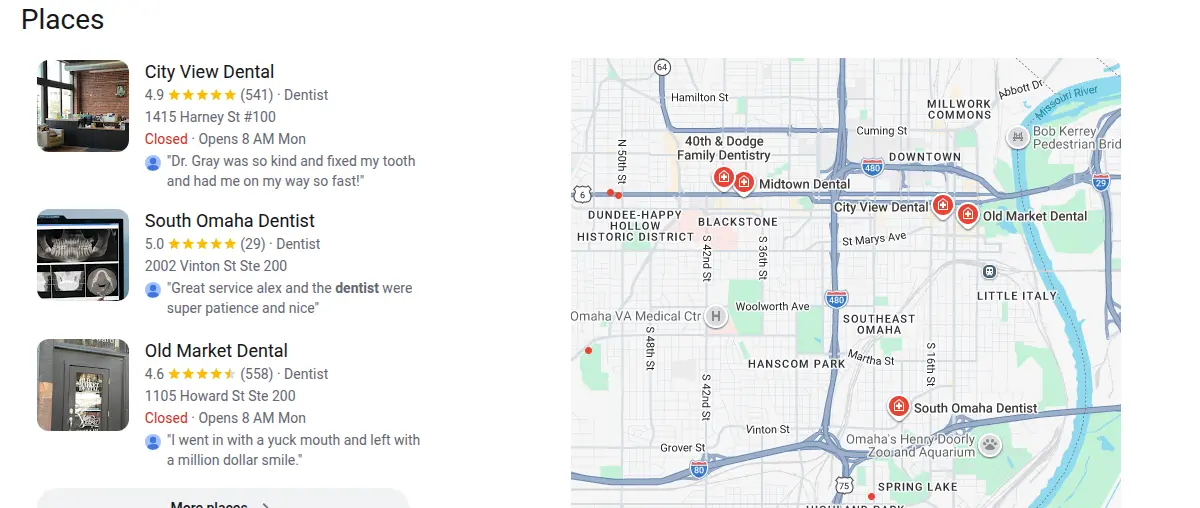 Google map results for dentist omaha ne searched from Omaha, Nebraska