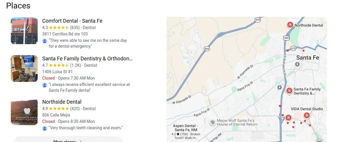 Google map results for dentist santa fe nm searched from Santa Fe, New Mexico