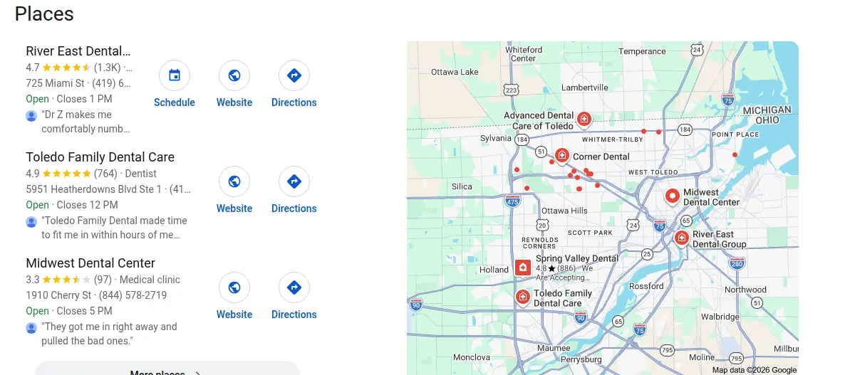 Google map results for dentist toledo searched from Toledo, Ohio