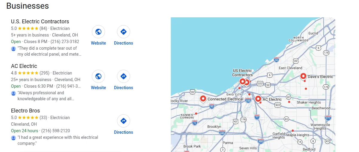 Google map results for electrician cleveland searched from Cleveland, Ohio