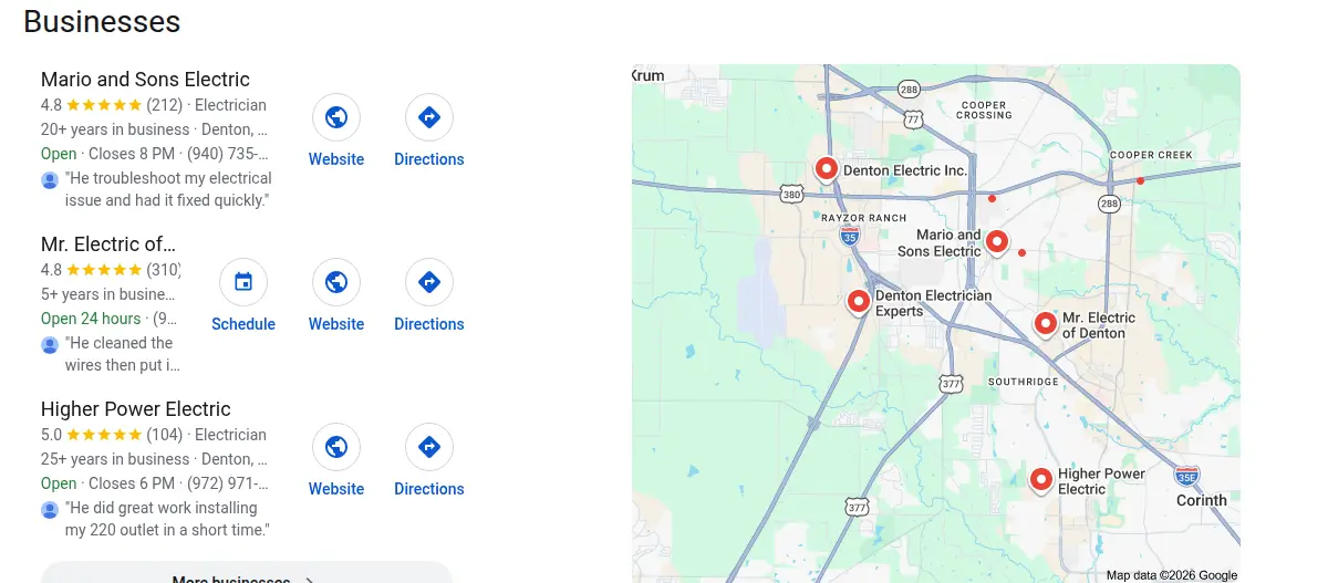 Google map results for electrician denton tx searched from Denton, Texas