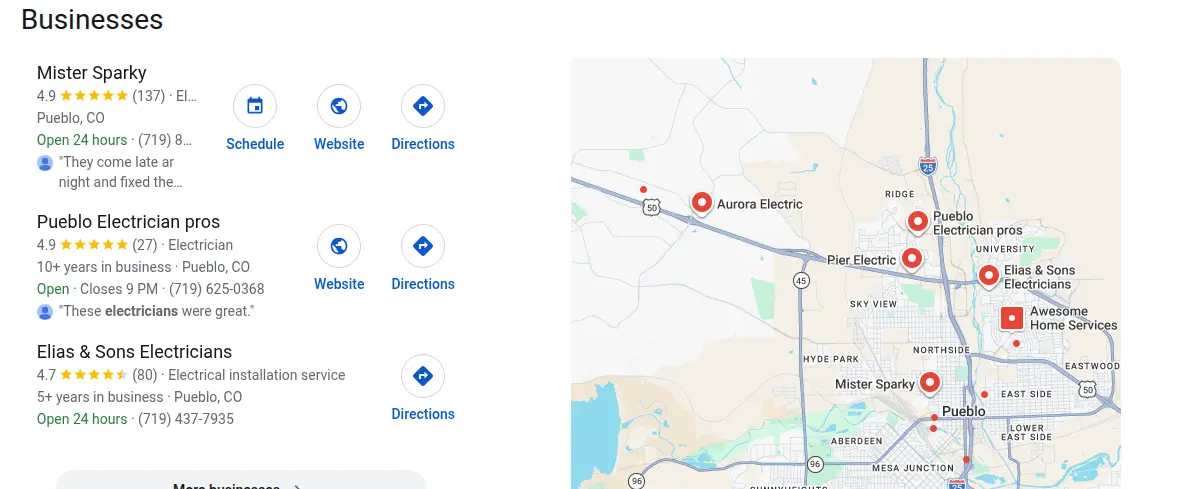 Google map results for electrician pueblo co searched from Pueblo, Colorado