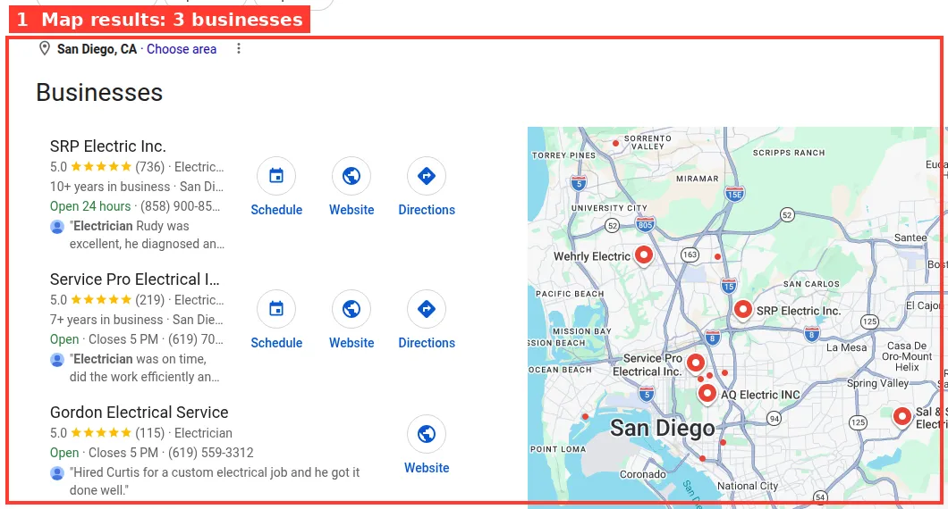 Google map results for electrician San Diego CA showing three local electrical contractors