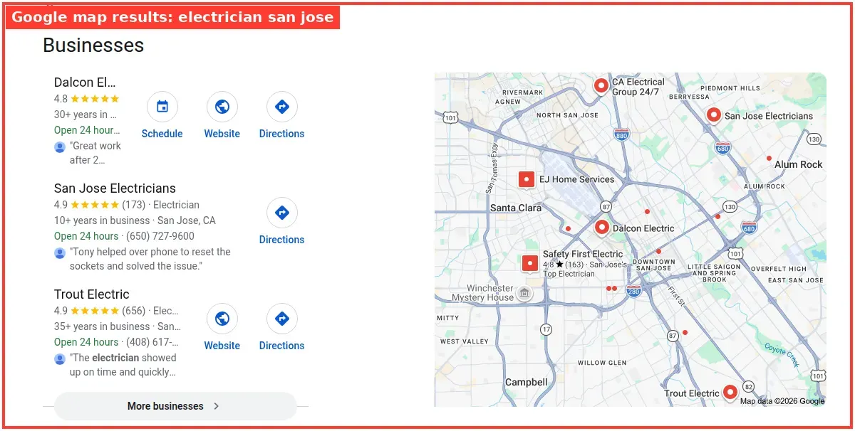 Google map results for electrician san jose searched from San Jose, California