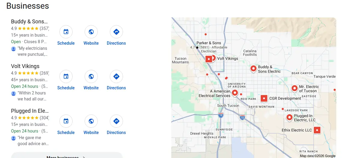 Google map results for electrician tucson az searched from Tucson, Arizona