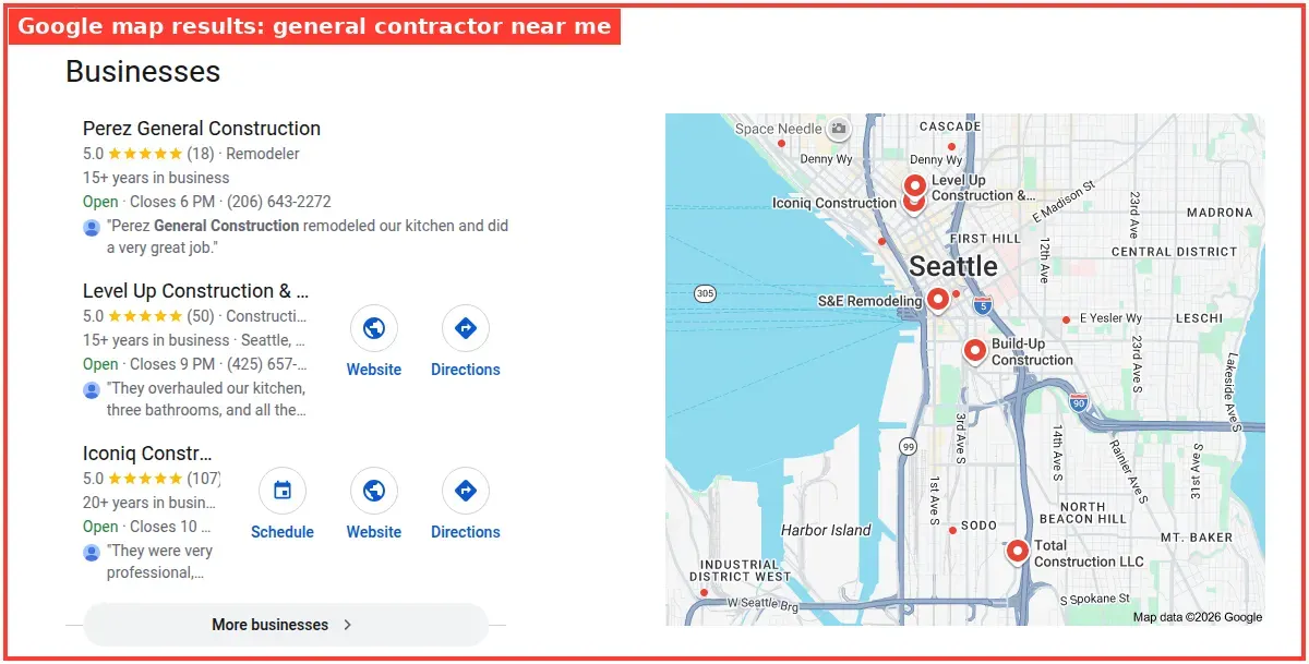 Google map results for general contractor near me searched from Seattle, Washington