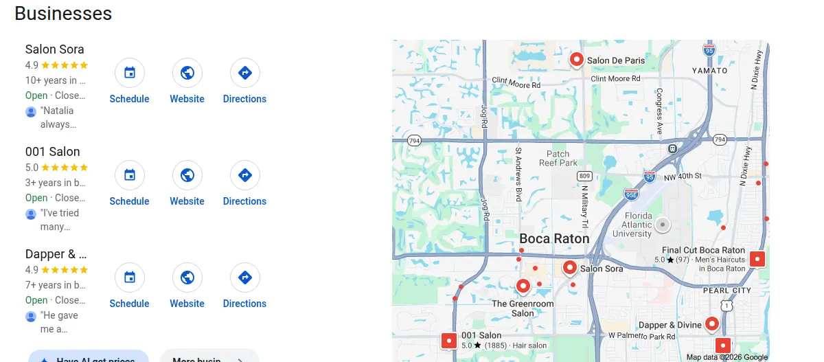Google map results for hair salon boca raton searched from Boca Raton, Florida
