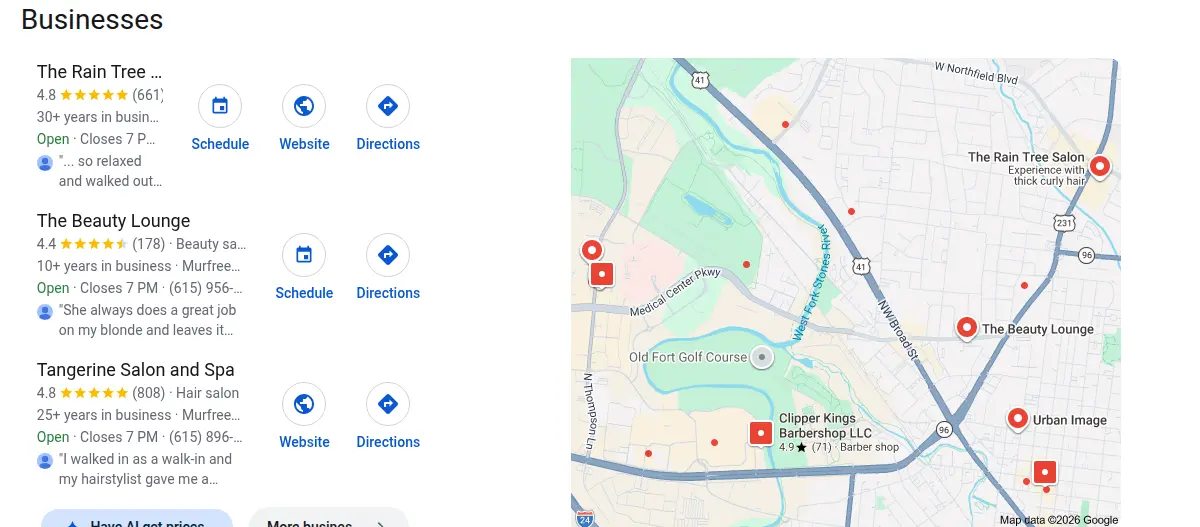 Google map results for hair salon murfreesboro searched from Murfreesboro, Tennessee