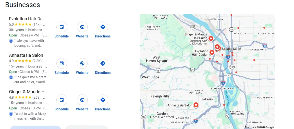 Google map results for hair salon portland or searched from Portland, Oregon