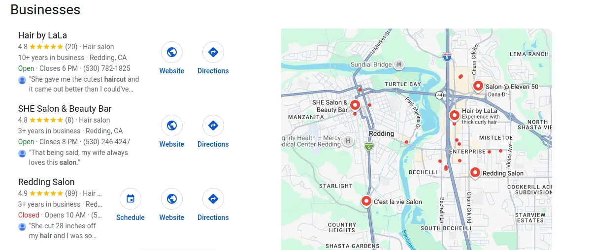Google map results for hair salon redding ca searched from Redding, California