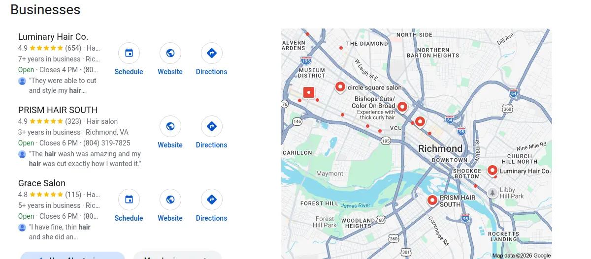 Google map results for hair salon richmond va searched from Richmond, Virginia