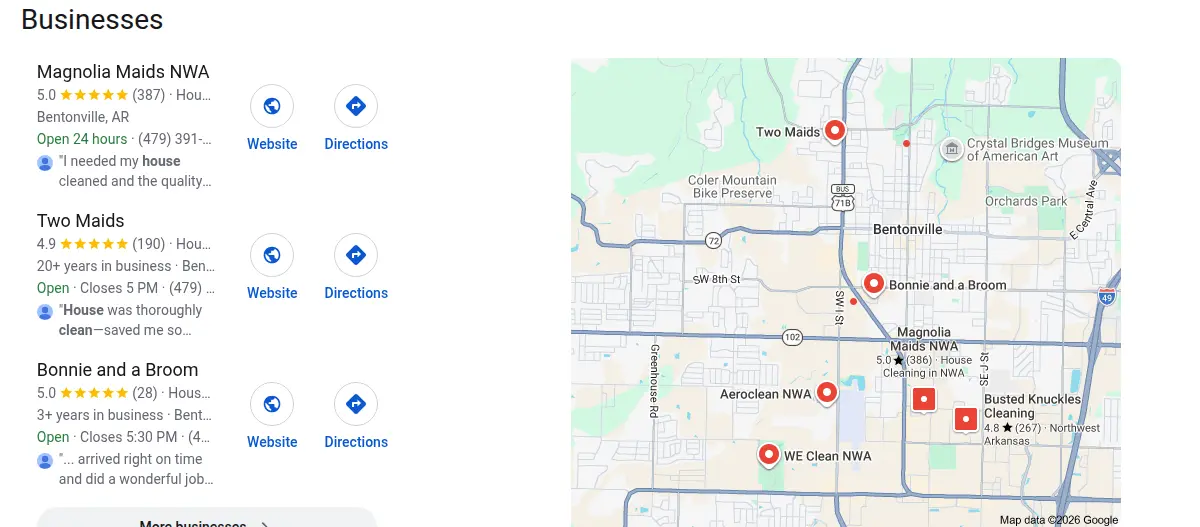 Google map results for house cleaning bentonville searched from Bentonville, Arkansas