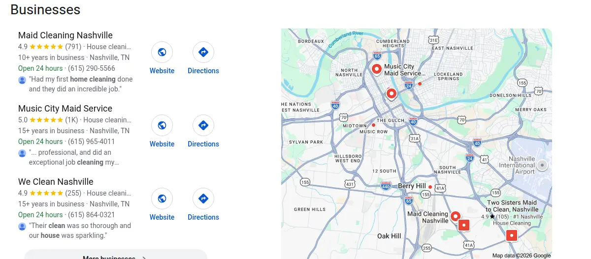 Google map results for house cleaning nashville tn searched from Nashville, Tennessee