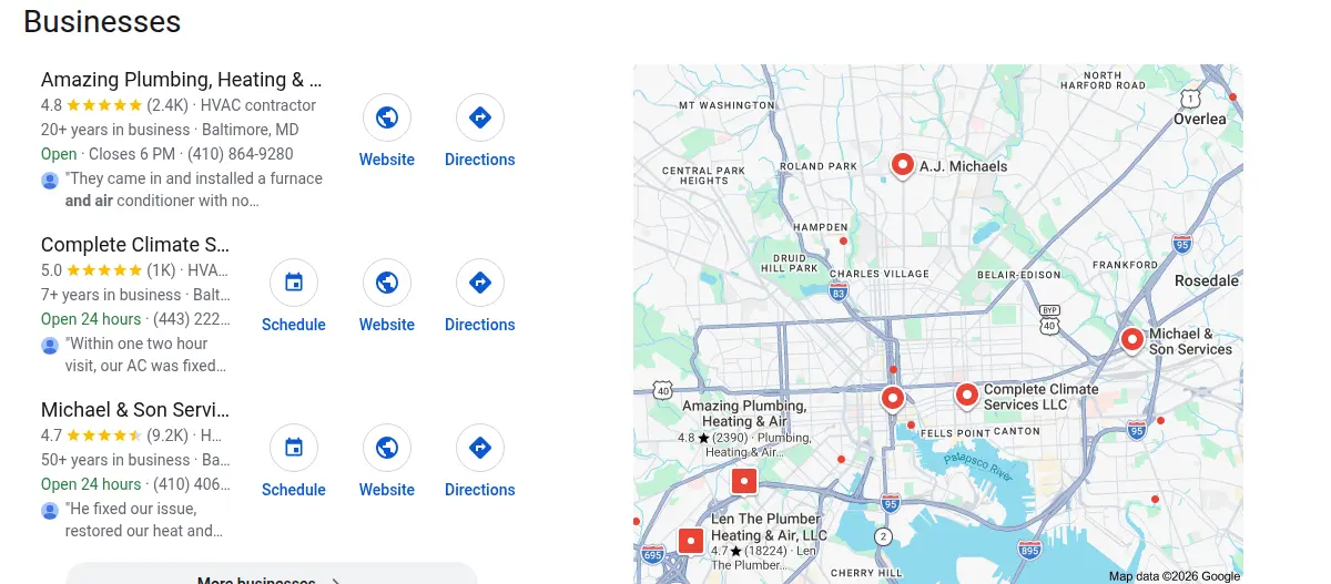 Google map results for hvac baltimore searched from Baltimore, Maryland