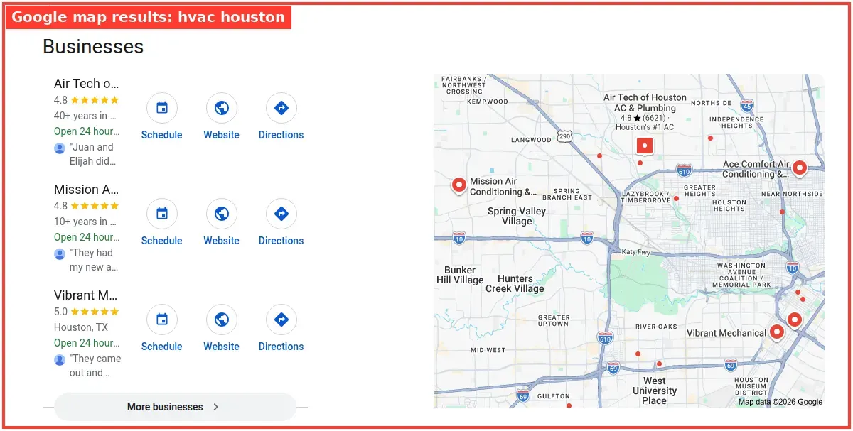 Google map results for hvac houston searched from Houston, Texas