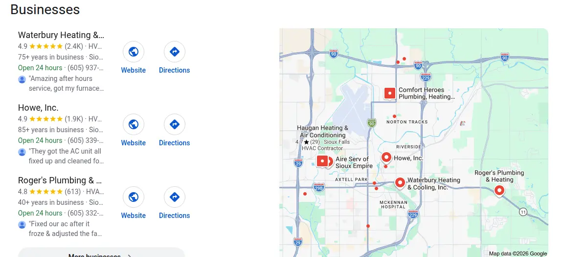 Google map results for hvac sioux falls searched from Sioux Falls, South Dakota