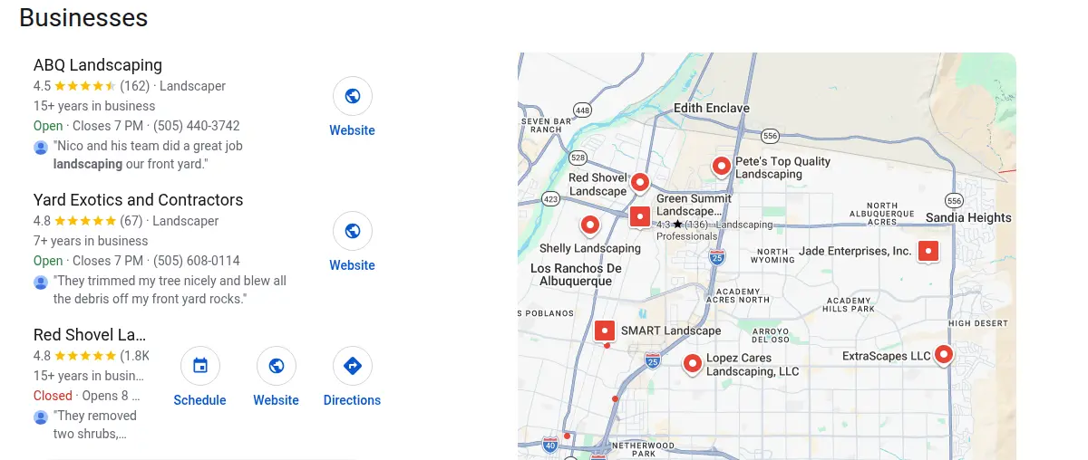 Google map results for landscaping albuquerque nm searched from Albuquerque, New Mexico