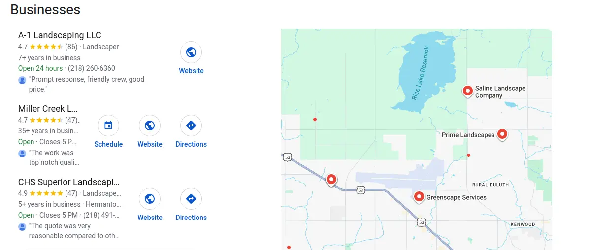Google map results for landscaping duluth mn searched from Duluth, Minnesota