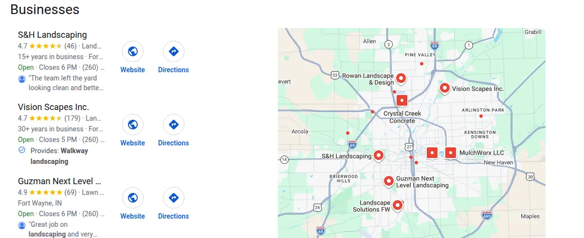 Google map results for landscaping fort wayne searched from Fort Wayne, Indiana