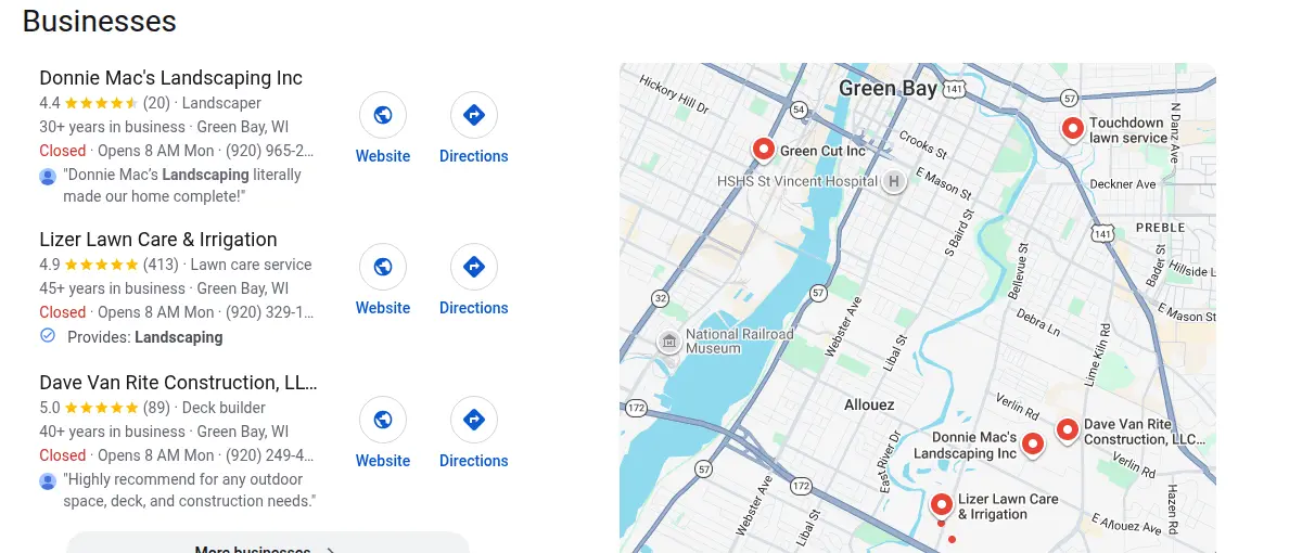 Google map results for landscaping green bay wi searched from Green Bay, Wisconsin
