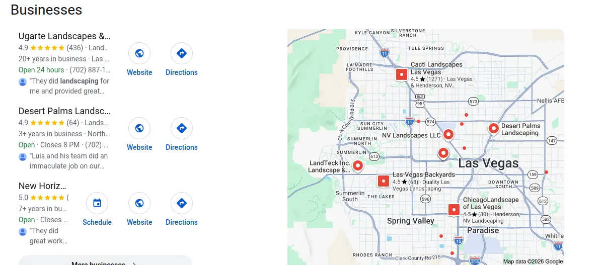 Google map results for landscaping las vegas nv searched from Las Vegas, Nevada