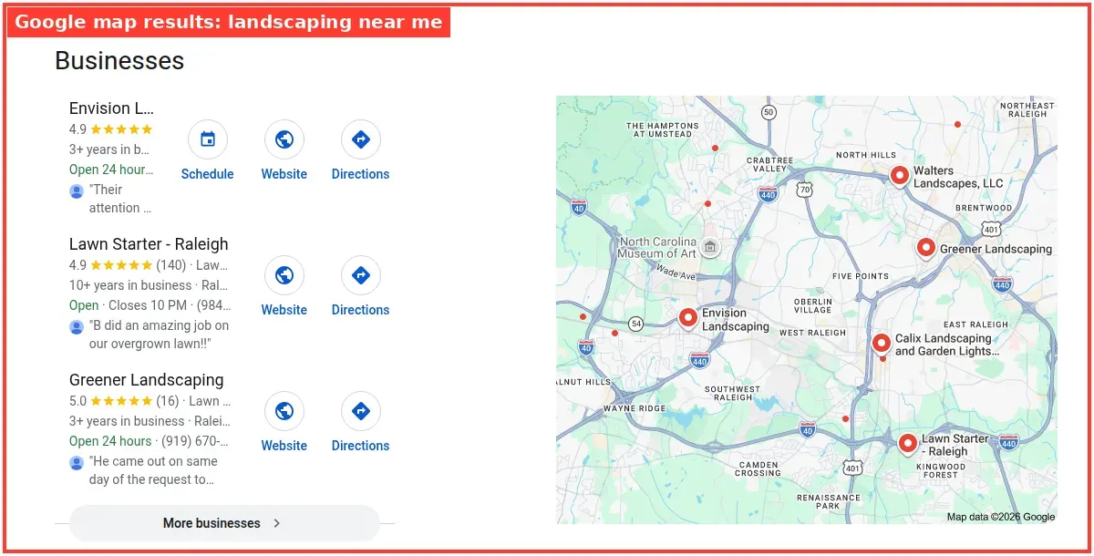 Google map results for landscaping near me searched from Raleigh, North Carolina
