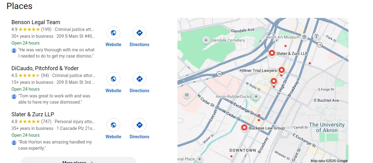 Google map results for lawyer akron oh searched from Akron, Ohio