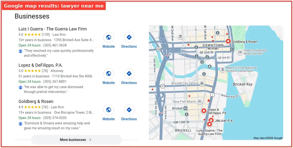 Google map results for lawyer near me searched from Miami, Florida