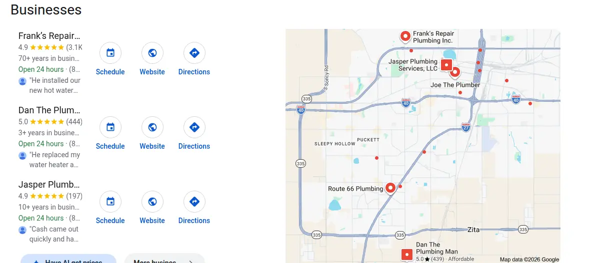 Google map results for plumber amarillo tx searched from Amarillo, Texas