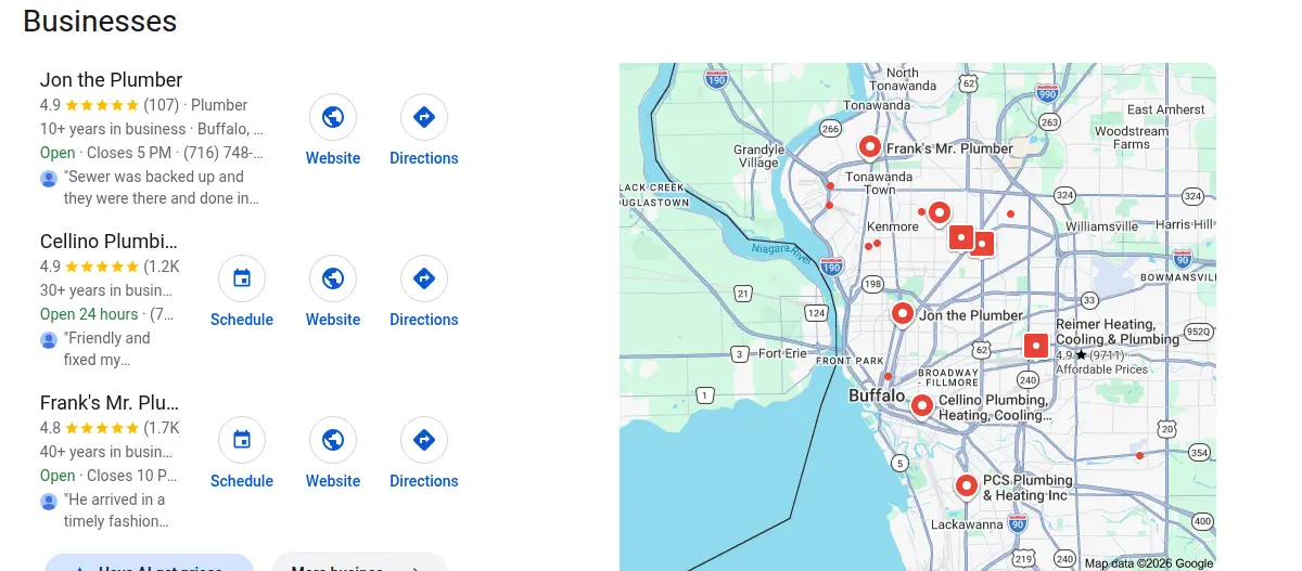 Google map results for plumber buffalo ny searched from Buffalo, New York